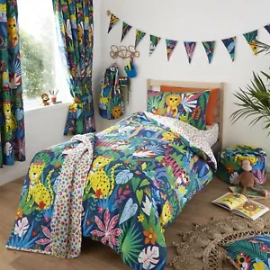 Girls Boys Kids Tropical Jungle Cats Reversible Duvet Cover Bedding Curtains - Picture 1 of 23