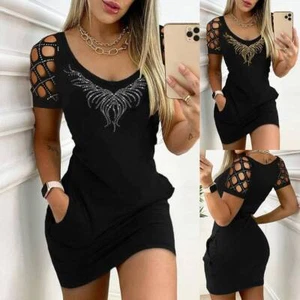 Womens Sexy Rheinstone Cut Out Bodycon Mini Dress Ladies Party Club Dresses Size - Picture 1 of 21