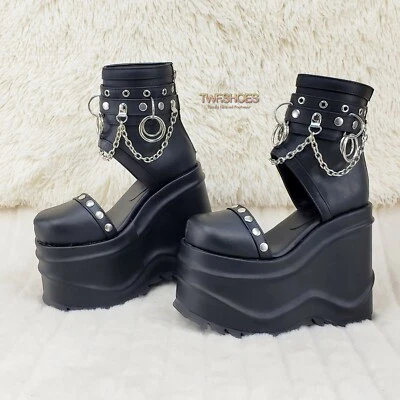 Wave 22 - 6" Platform Cut Out Sandal Boots Goth Punk Matte Black NY  DEMONIA - Image 1 of 4