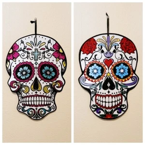 Juego de 2: 13" Día de los Muertos Día de los Muertos Calavera Azúcar Calavera Calavera Decoración de Pared - Imagen 1 de 5