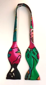 Vintage 1980s Pure SILK Bow Tie Self Tie Bright Green Pink Multi Abstract Design - Picture 1 of 9