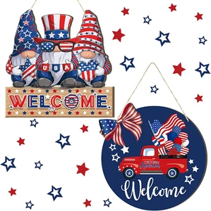 BRAND NEW 4Th of July Welcome Sign Decor Patriotic Gnomes Wooden Signs 2pcs - Picture 1 of 11
