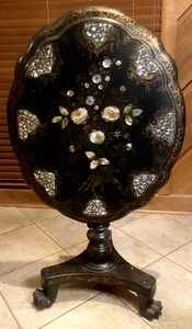 ANTIQUE 1800s Roses Pearl Tea TILT TOP SIDE TABLE Paper Mache Papier-Mâché - Picture 1 of 15