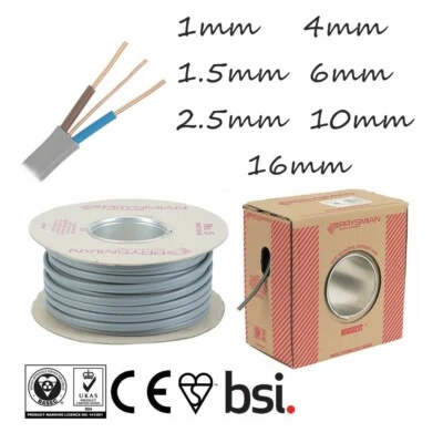 1mm 1.5mm 2.5mm 4mm 6mm 10mm 16mm Twin and Earth Cable T&E Grey Lighting Socket