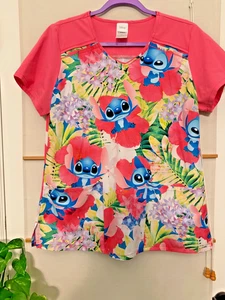 Disney Stitch Scrub Top Pink in Medium EUC - Picture 1 of 5