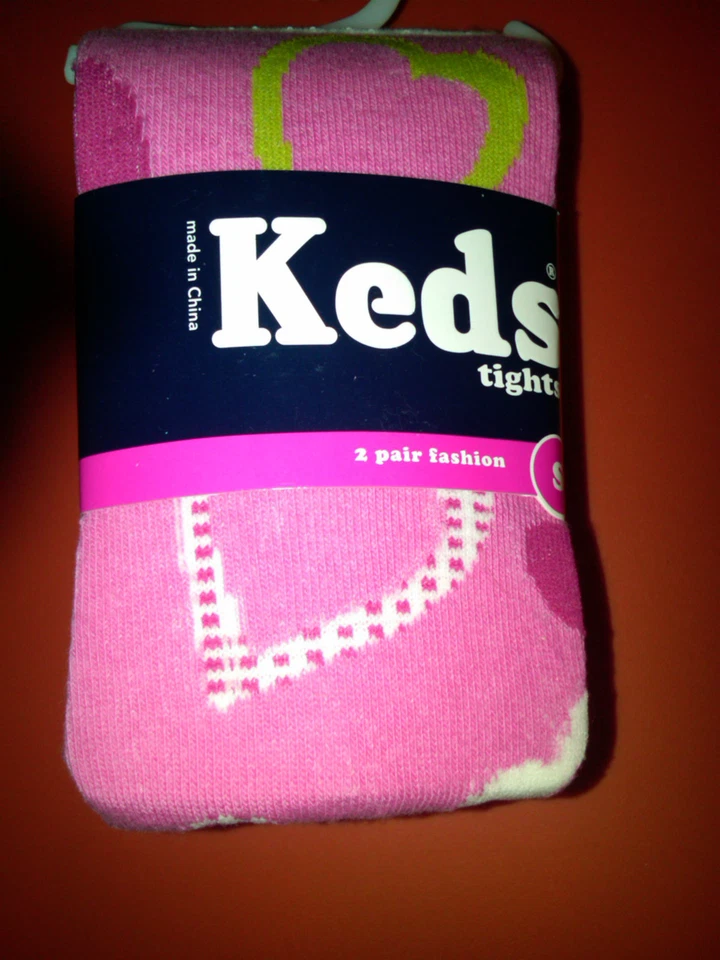 NWT 2 PR GIRLS KEDS HEAVYWEIGHT COTTON FASHION TIGHTS PINK HEARTS & WHITE 4-6 - Image 1 of 2