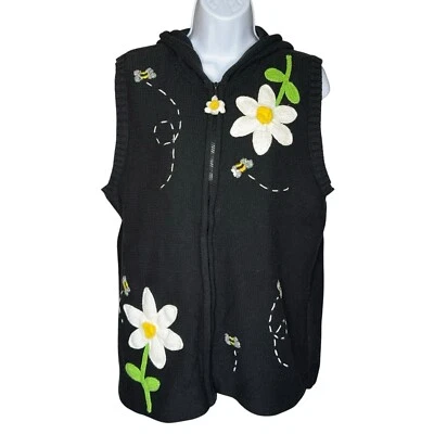 Quacker Factory Sweater Vest Daisy Bees Hooded Zip Up Embellished Embroidered Lg - Image 1 of 4
