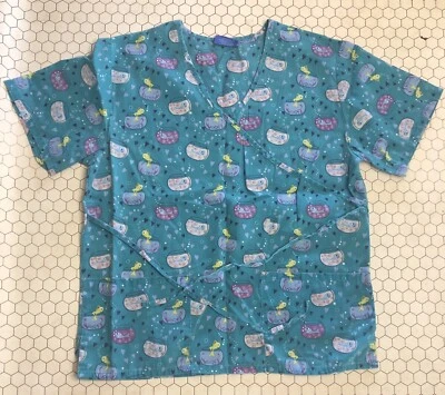 Carol’s Scrubs Medium 8 - 10 Soft Nurse Scrub Blue Patterned Fish & Heart Top - Image 1 of 4