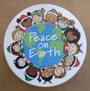 Christmas Tin Cookie Box Round 7 1/8" Peace on Earth Children simple Divider - Picture 1 of 12