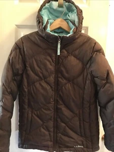 LL Bean Down Coat Hooded Large 14-16 Quilted Lined Vintage Brown - Picture 1 of 9