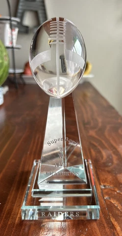 Oakland Raider Super Bowl Champions 8” Glass Crystal Etched Trophy Clear Replica Cover