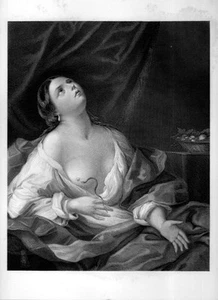 Stampa antica CLEOPATRA morsa dal serpente sul seno Guido Reni 1866 Old print - Foto 1 di 1
