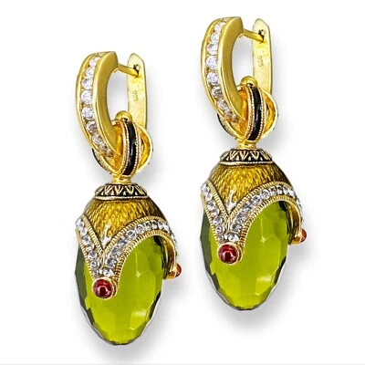 925 Silver Peridot Faberge Egg Earrings Swarovski Crystals Garnets Enamel Hoop - Image 1 of 4