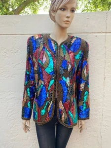 VINTAGE HEAVILY BEADED MOSAIC DESIGN EVENING JACKET SZ L - Picture 1 of 5