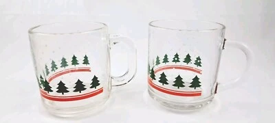2 Christmas Vintage Libbey Glass Cups Mugs - Holiday- Tree & Snow Printed  - Image 1 of 4