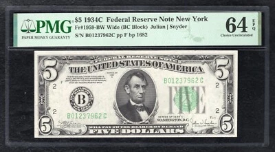 FR. 1959-BW 1934-C $5 WIDE FEDERAL RESERVE NOTE NEW YORK, NY PMG UNC-64EPQ (E) - Image 1 of 2