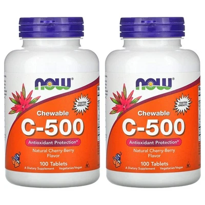Now Foods (pacote com 2) mastigável sabor cereja-berry C-500 100 comprimidos qualidade GMP - Imagem 1 de 3
