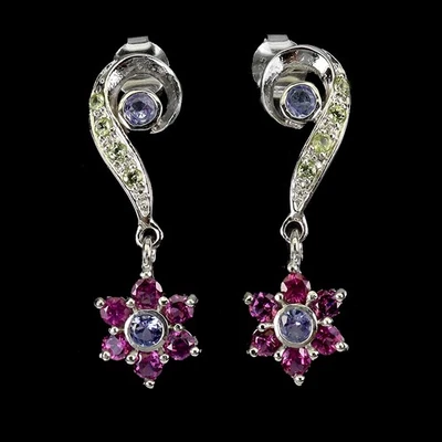 925 Sterling Silver Earrings Round Tanzanite Peridot Garnet Gemstone Jewelry - Image 1 of 4