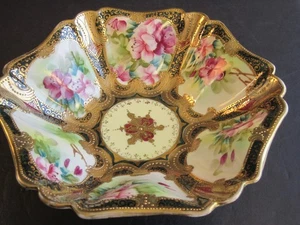 Beautiful Antique Nippon Porcelain 9.5" Bowl W/Pink-Purple Flowers & Heavy Gold - Picture 1 of 6