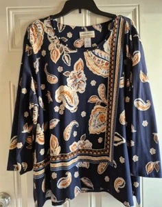 ALFRED DUNNER Stretch Knit Top - 3X - Embellished Scoop Neck, 3/4 Slvs, Vented - Picture 1 of 5