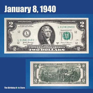 January 8, 1940 Birthday Anniversary $2 Two Dollar Bill Serial Number 01081940 - Picture 1 of 2