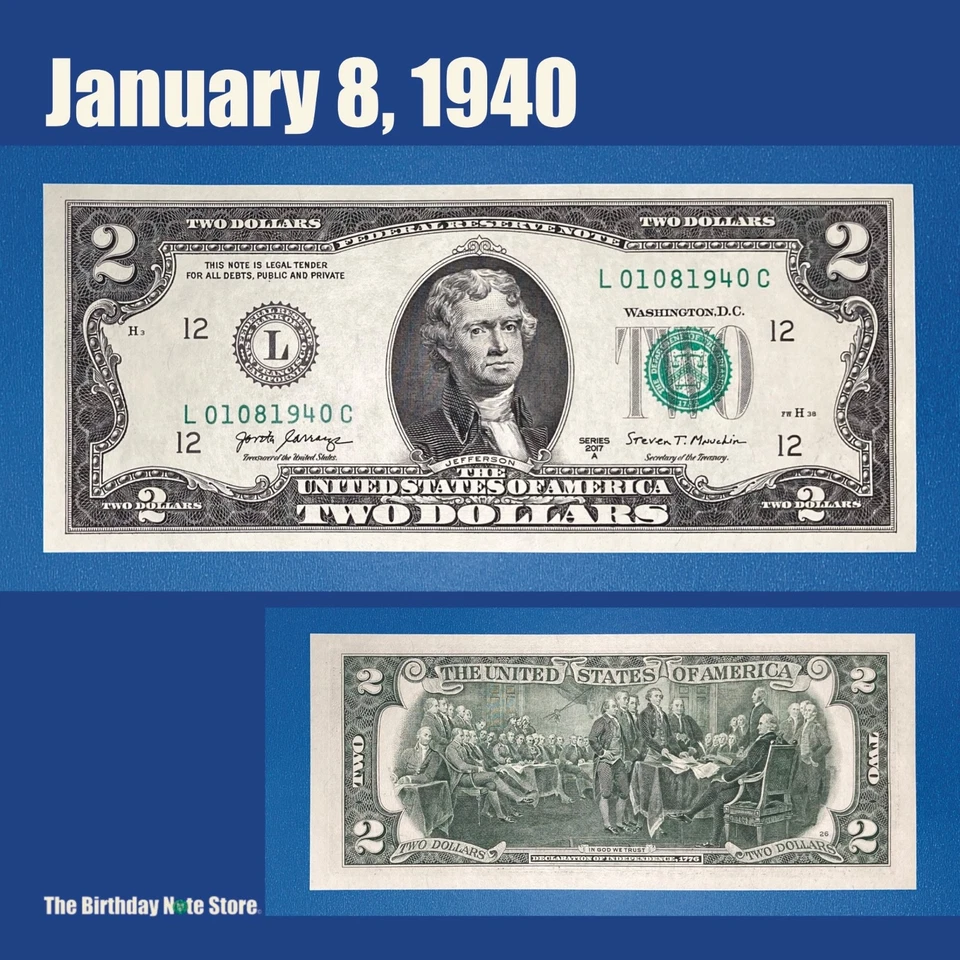 January 8, 1940 Birthday Anniversary $2 Two Dollar Bill Serial Number 01081940 - Image 1 of 2