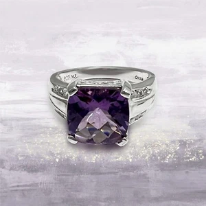 AMETHYST & WHITE TOPAZ RING Solitaire Cushion cut 5.40 CTW Sterling Silver - Picture 1 of 7