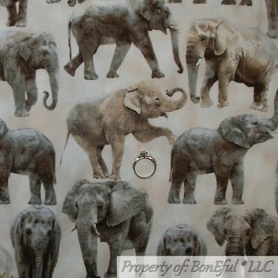 BonEful Fabric FQ Cotton Quilt Gray Tan Brown ELEPHANT Animal Circus Zoo African - Image 1 of 4