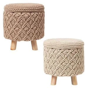 Macrame Knitted Pouffe with Storage 43 cm Tall Crochet Round Footstool on Legs - Picture 1 of 13