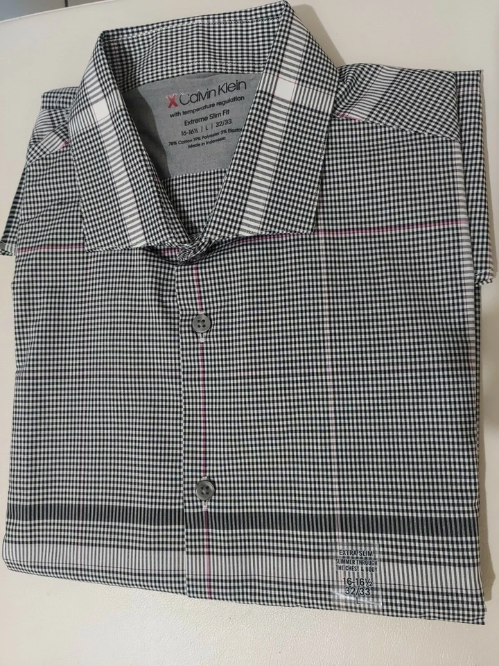 Calvin Klein Mens Dress Shirt Pink Black Size XL Slim Fit Gingham Check 268