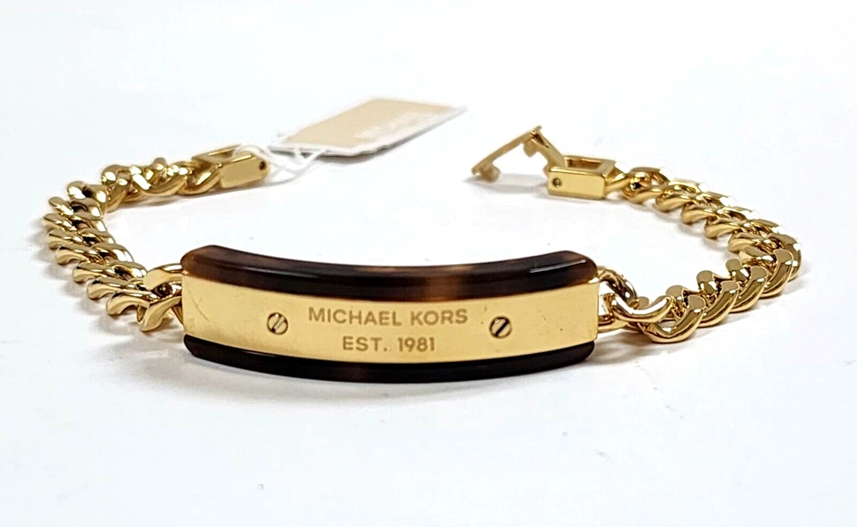 Michael Kors Womens Logo Plaque Yellow Gold & Tortoise Chain Bracelet Mkj5886710