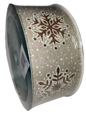 2.5" x 50 Yds Wired Edge Premium Ribbon, Rose Gold Snowflake Christmas Mega Roll - Image 1 of 2