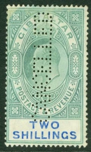 SG 62 Gibraltar 1904-08. 2/- Grün & Blau. Perfiniert "abgesagt". Montiert neuwertig - Bild 1 von 2