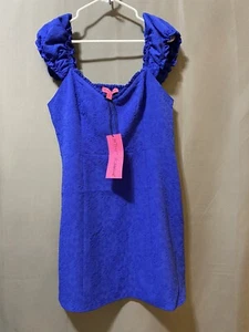 NWT Betsey Johnson Women Cap Sleeve Smocked Sweetheart Neck Mini Dress SZ L Blue - Picture 1 of 13