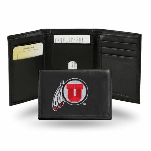 Utah Utes Embroidered Team Logo Black Leather Trifold Wallet Cover