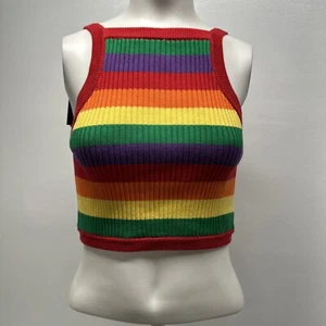 Lazy Oaf Crop Top Knit Sweater Cami Lace Up Back Rainbow Striped NWT New Size 8 - Picture 1 of 9