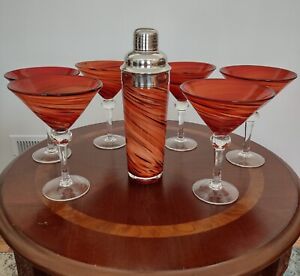 Pier 1 Murano Style Cocktail Shaker & 6 Martini Glasses Hand blown Orange Swirl