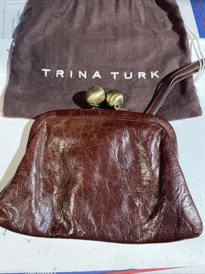 Trina Turk Brown Leather Kiss Lock Clutch Wristlet Bag - Image 1 of 4