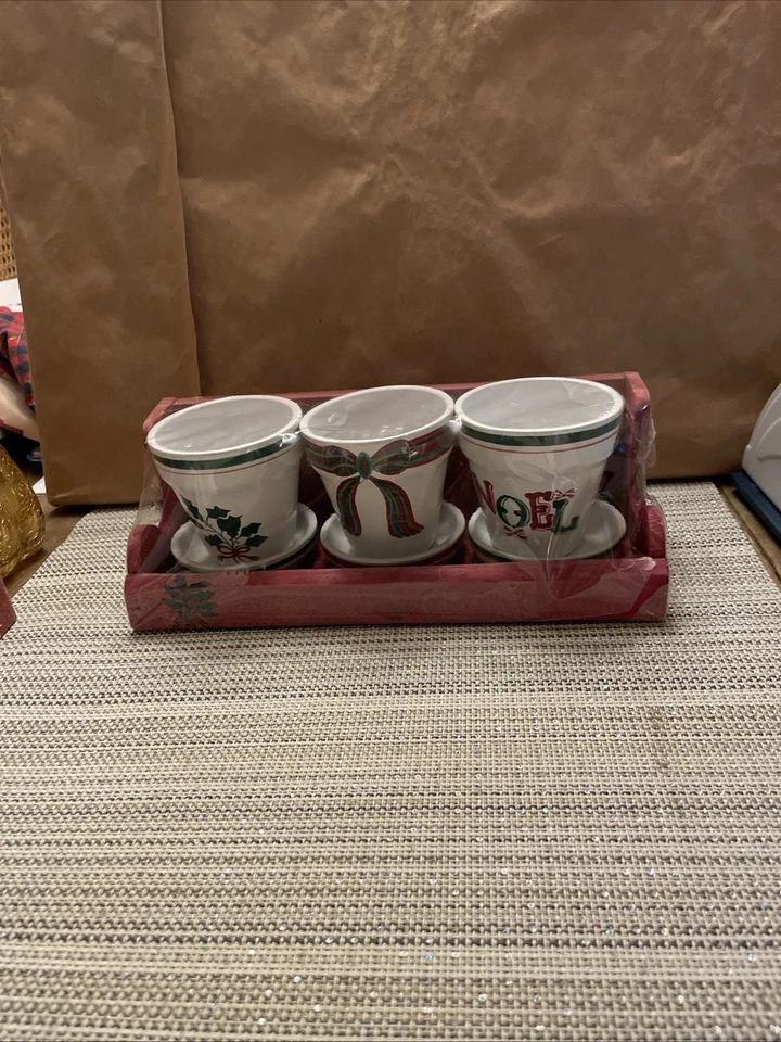 New England Pottery Christmas Garden Small Pots,Set Of 3 w/trays( Wooden Tray) - Image 1 of 1