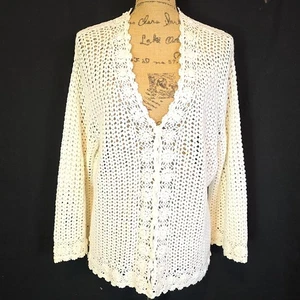 Vintage Victoria Holley Womens L Cardigan White Ramie Blend Knit Button Front - Picture 1 of 4