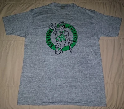 VTG 80s BOSTON CELTICS T SHIRT LARGE GRAY GREEN LOGO NBA BASKETBALL USA RAYON - Image 1 of 4