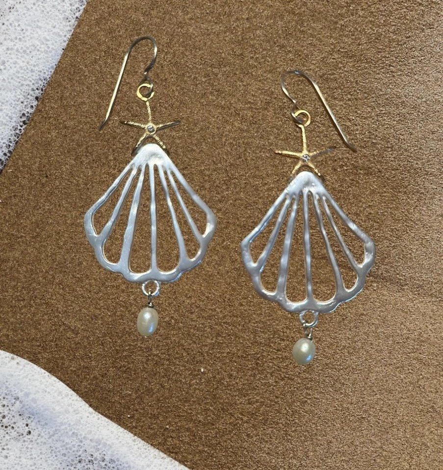 PENDIENTES COLGANTES DE PERLAS ESTRELLA DE MAR CONCHA DE PLATA BRILLANTE Foto 1 de 4