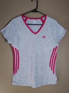 Adidas T Shirt Top Womens Size M Gray Red 3 Stripe V Neck Cotton Tee - Picture 1 of 8