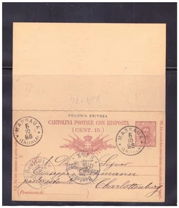 Cartolina Postale Colonia Eritrea 7 1/2 c. Con Risposta Mil 92. 1896 WAD174 - Picture 1 of 2