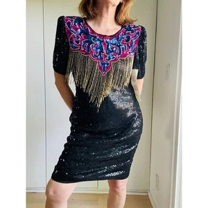 Vintage Pailletten Party Kleid Gr. Medium verziert ausgefallen formell Ära 80er Seide - Bild 1 von 10