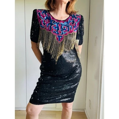 Vintage Sequin Party Dress Size Medium Embellished Fancy Formal Era 80s Silk - Image 1 of 4
