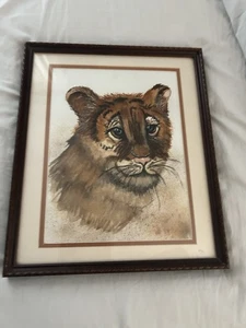 FRAMED TIGER CUB WATER COLOR BY JUNE COBB WALL ART, 13" X 15.5" - Bild 1 von 3
