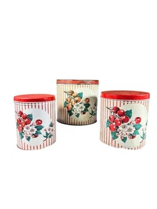 Vintage Red Cherries Metal Canister Set Of 3 50s Retro Kitschy Art Deco Stripes - Picture 1 of 13