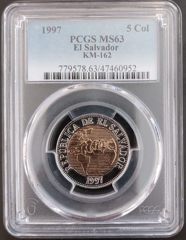 🔥EL SALVADOR RARE BIMETAL UNC COIN 5 COLONES 1997 YEAR SHIP KM#162 PCGS MS63 Cover