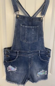 Cat & Jack Size XL Girls Denim Bib Overall Shorts Distressed W/Sequins - Picture 1 of 5